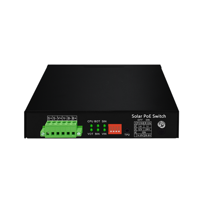 Poza cu Switch PoE 5 porturi cu alimentare prin panouri solare si incarcare baterie